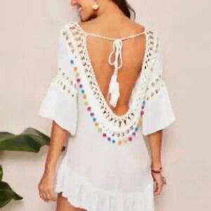 Beautiful Beach Cover Up deep back pom pom trim. One size.